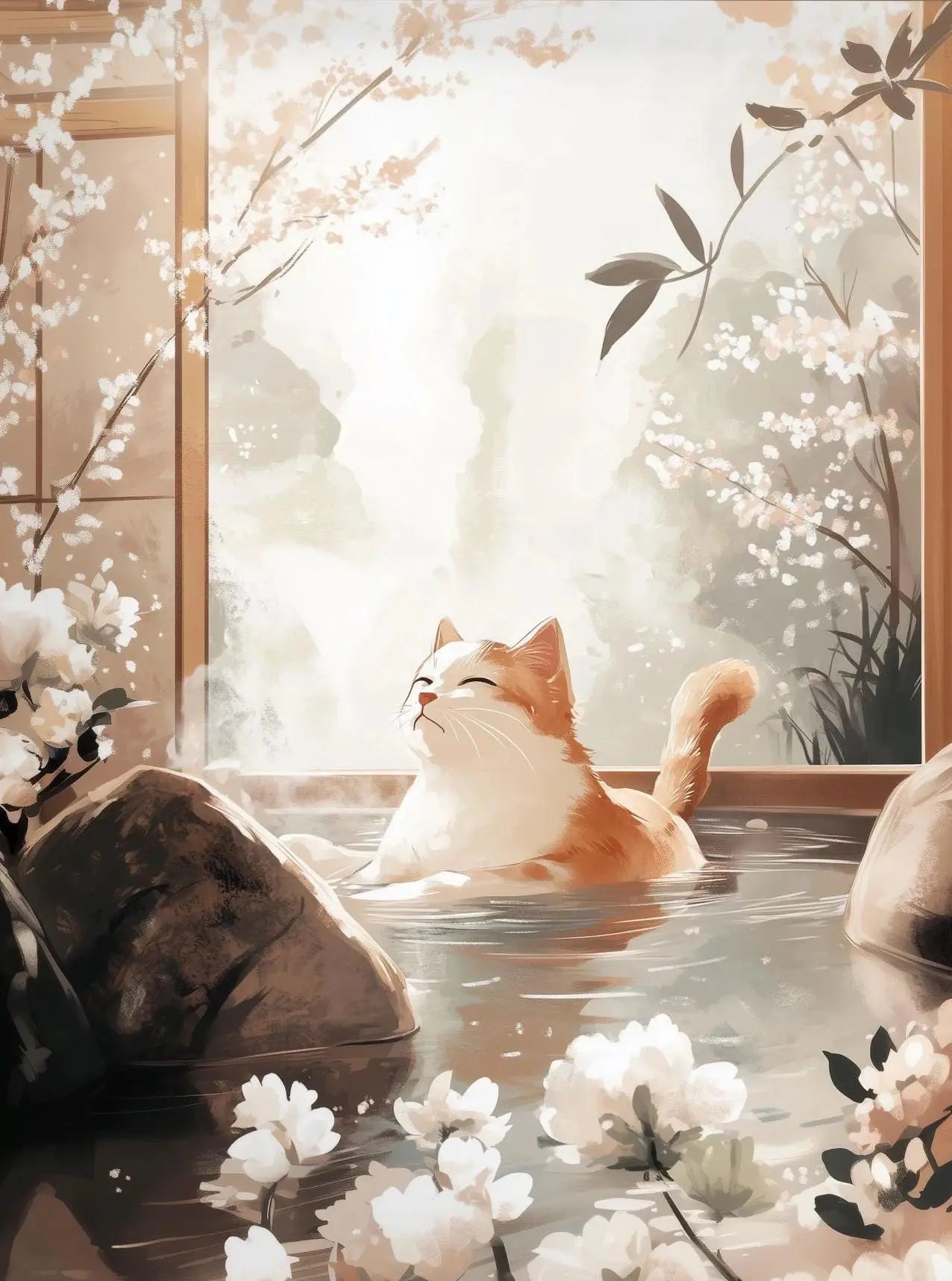 Japanese Cherry Blossom Cat Hot Spring Canvas Wall Art Print
