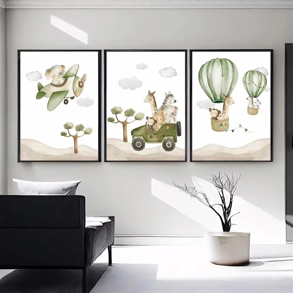 3-Piece Cartoon Animals Hot Air Balloon Canvas Wall Art Set