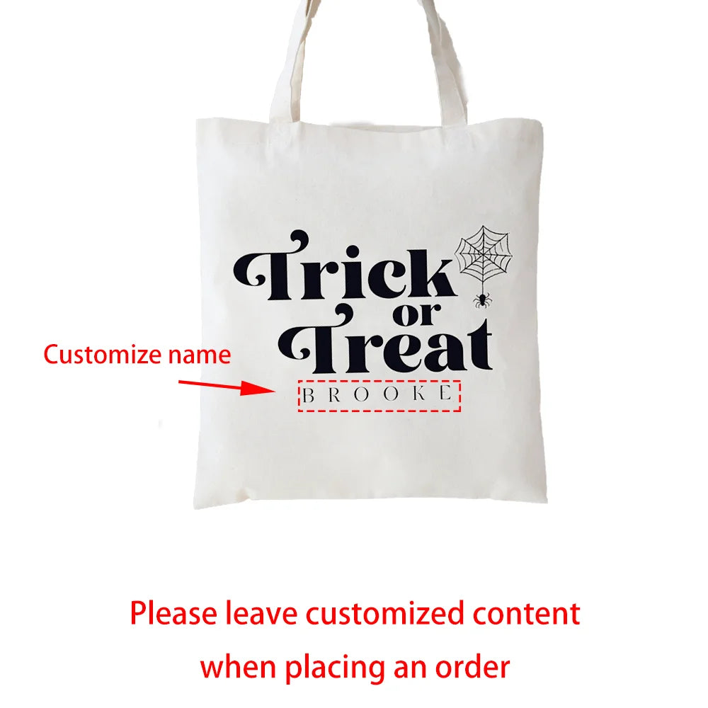 Personalized Name Trick or Treat Favor Bag Spider Web Halloween Decoration Treat Candy Bag Gothic Bachelorette Party Gifts Peaceful Pleasures Health and Wellness tote bag 34x42cm