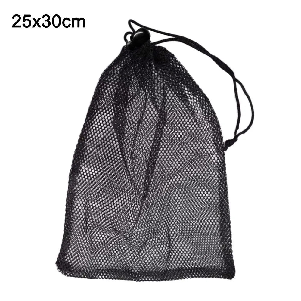 Black Mesh Drawstring Bag for Sports, Swimming & Travel Mesh Drawstring Bag Peaceful Pleasures Health and Wellness 25 x30cm
