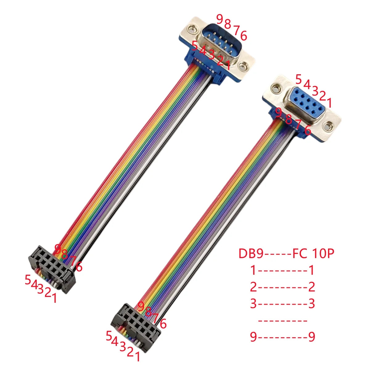 D-Sub DB9 9 Pin Male / Female Connector to FC-10P IDC Female 2.54mm 10 Pin Rainbow / Multicolor Flat Ribbon Cable to DIDC 9P Peaceful Pleasures Health and Wellness