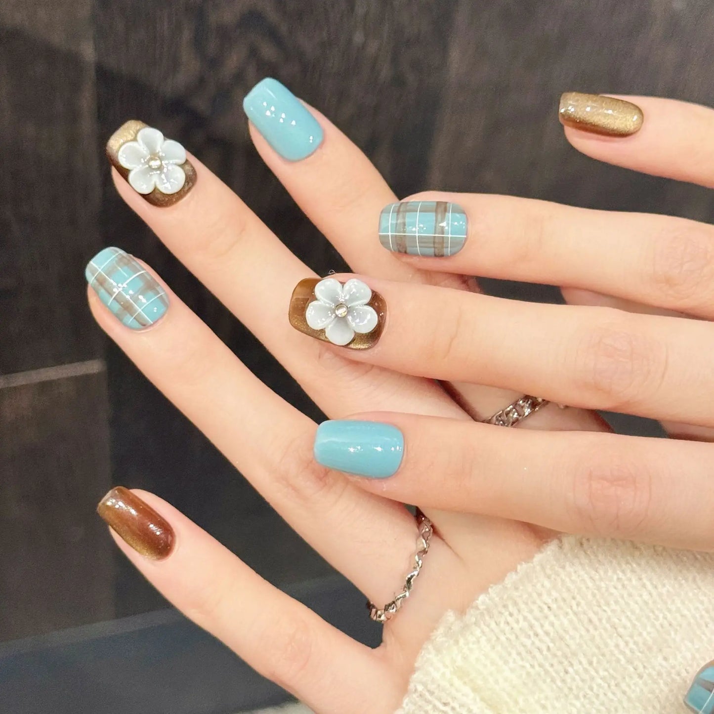 10pcs Velvet Cat's Eye Handmade Press on Nails 3D Flower Fake Nails With Green Brown Plaid Designs Wearable Ins False Nails Tips Peaceful Pleasures Health and Wellness