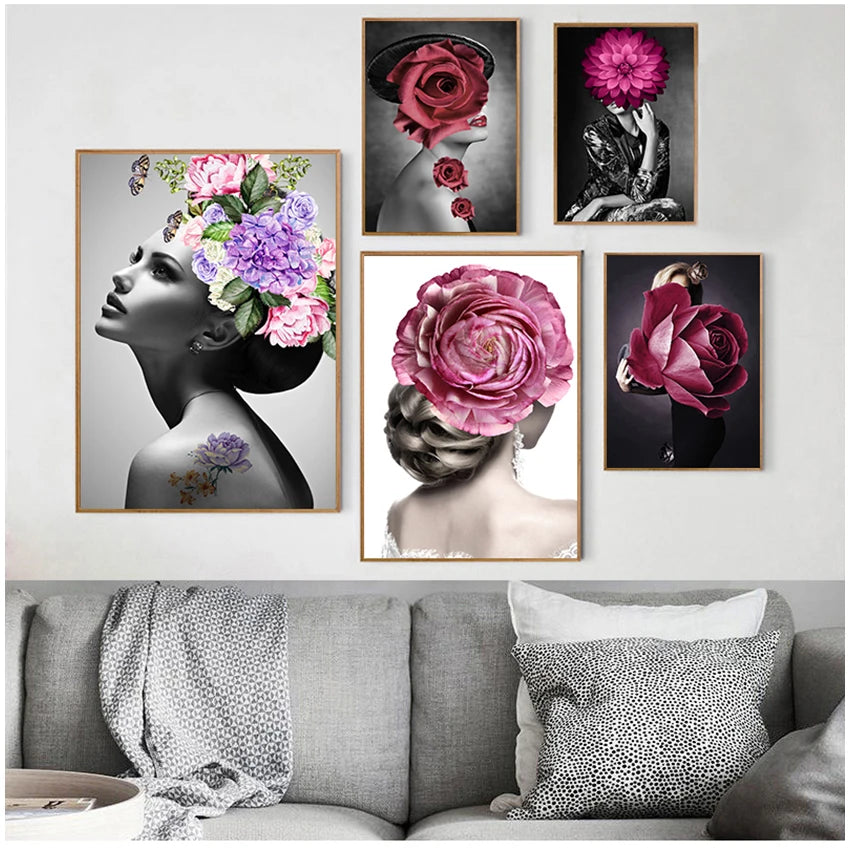 Nordic Floral Woman Canvas Wall Art | Scandinavian Abstract Print