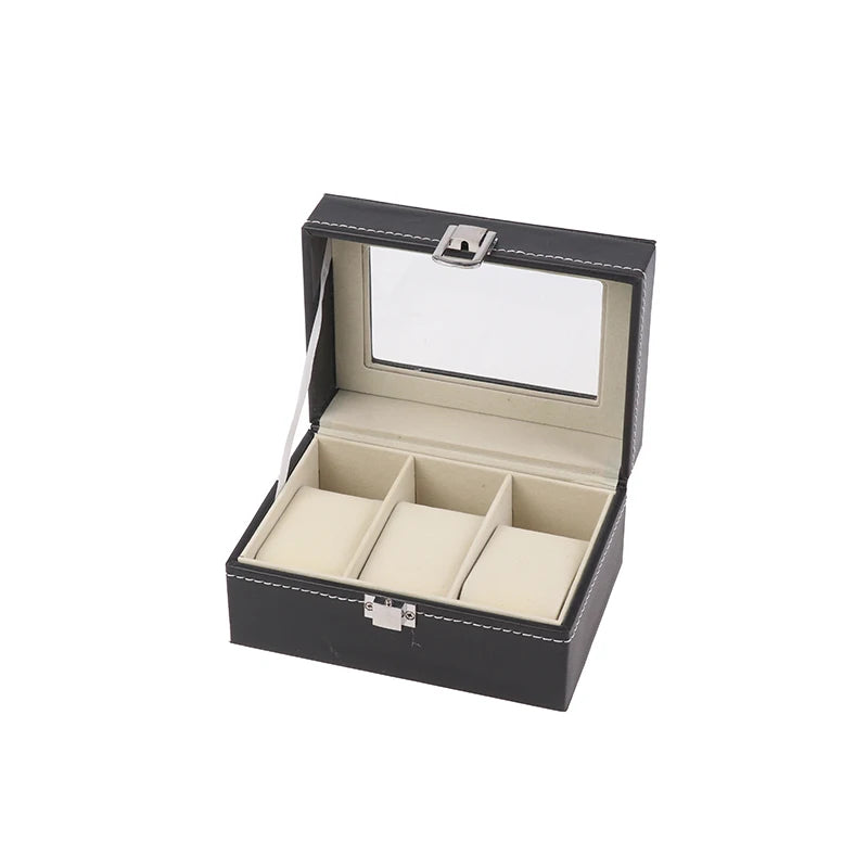 Watch Box Glass Lid Detachable Black PU Leather Watch Box Display Case Organizer With Framed Glass Lid And Removable Pillow Peaceful Pleasures Health and Wellness 3 Slot