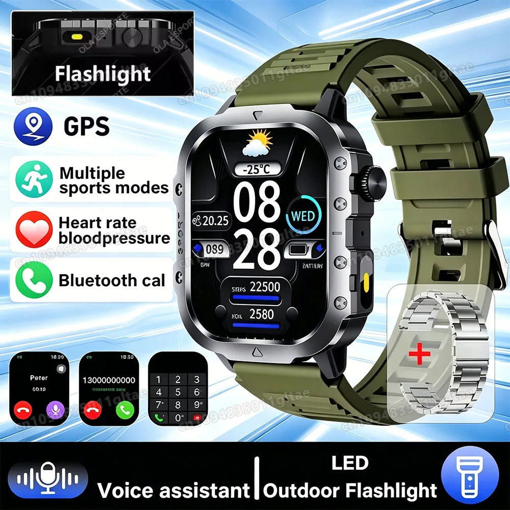 Outdoor Military Smartwatches Bluetooth Call Men 2.01" Blood Oxygen Monitor 5ATM Waterproof GPS Tracking Sports Smart Watch HW12 Peaceful Pleasures Health and Wellness 2.01 Gr22WhSzstrap Smartwatch