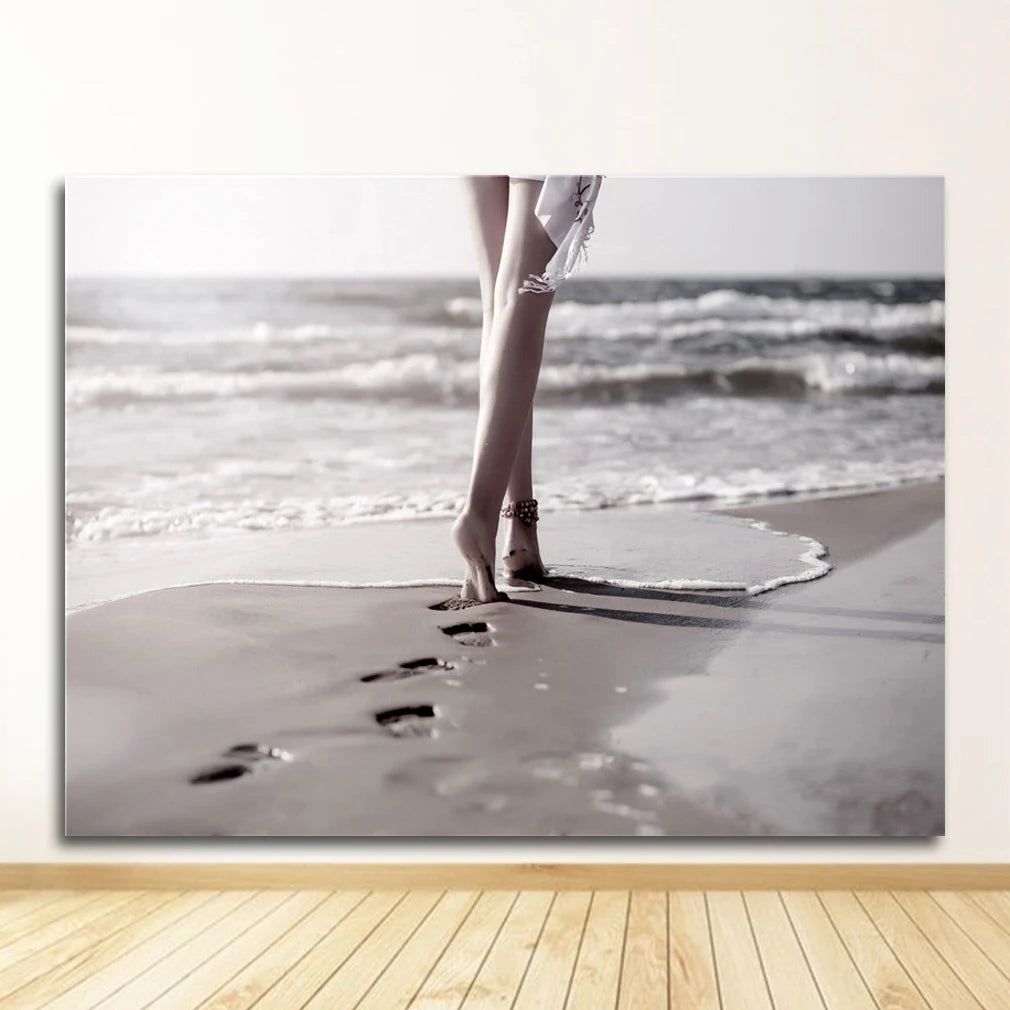 Pink Peony Floral Girl Footprints Canvas Wall Art Unframed