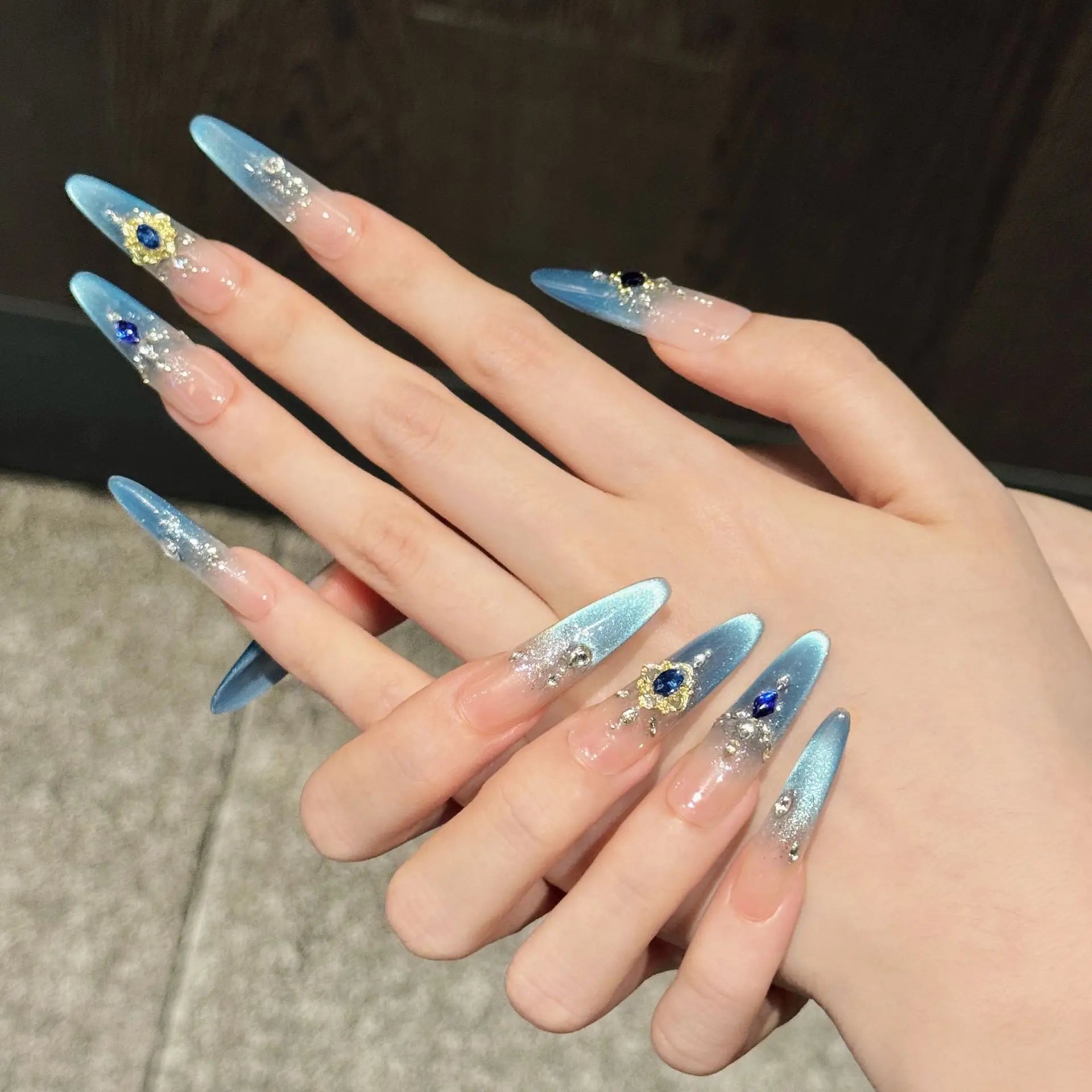 10PCS Handmade Press on Nails Light Luxury Fake Nails Ice Blue Cat Eye French Tip Wearable Flash Diamond Decor Almond False Nail Peaceful Pleasures Health and Wellness