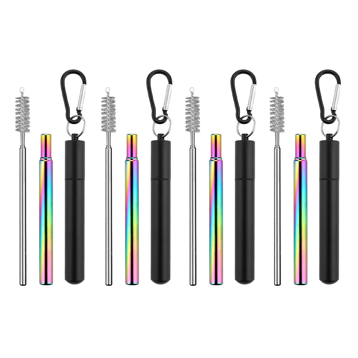 4Pack Collapsible Stainless Steel Drinking Straws with Aluminum Case, Cleaning Brush, and Keychains for Drinking Coffee Milk Tea Peaceful Pleasures Health and Wellness Colorful and black