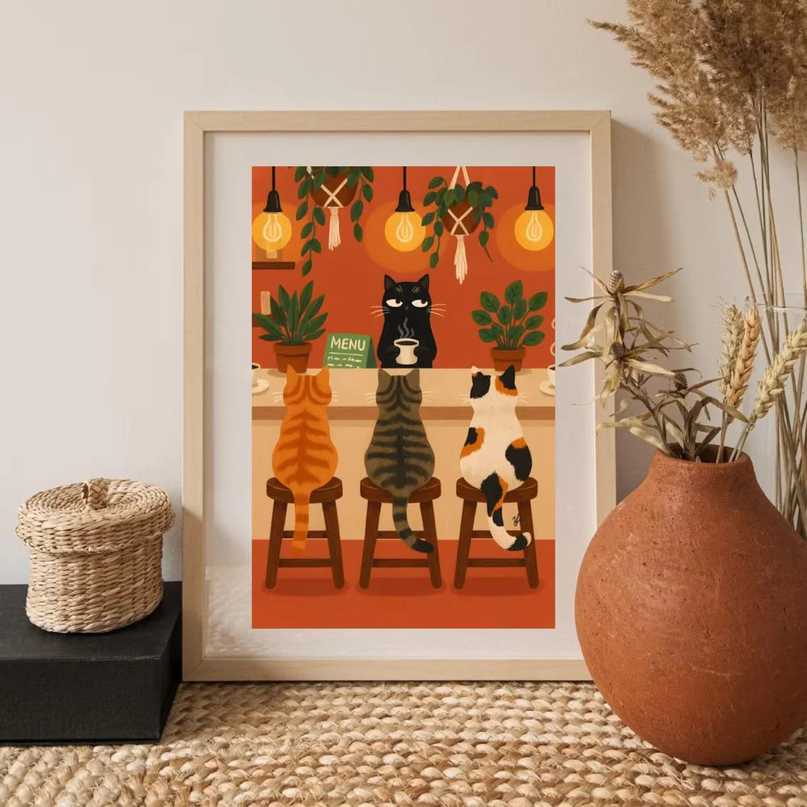 Whimsical Cat Cafe Illustration Poster, Retro Kitchen Wall Art With Tabby, Calico, And Black Barista Cats High Resolution Digita Peaceful Pleasures Health and Wellness
