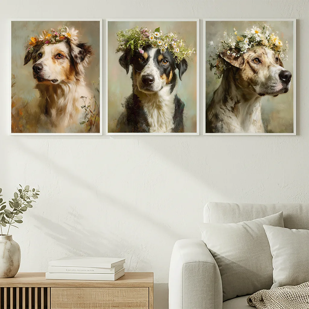 Vintage Puppy Flower Crown Canvas Wall Art | Dog Poster Print Canvas Wall Art Peaceful Pleasures Health and Wellness