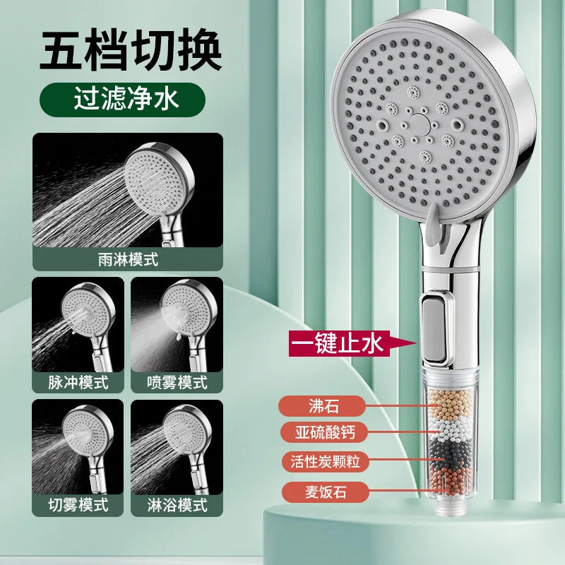 5-Mode Handheld Shower Head with Filter & Stop Button