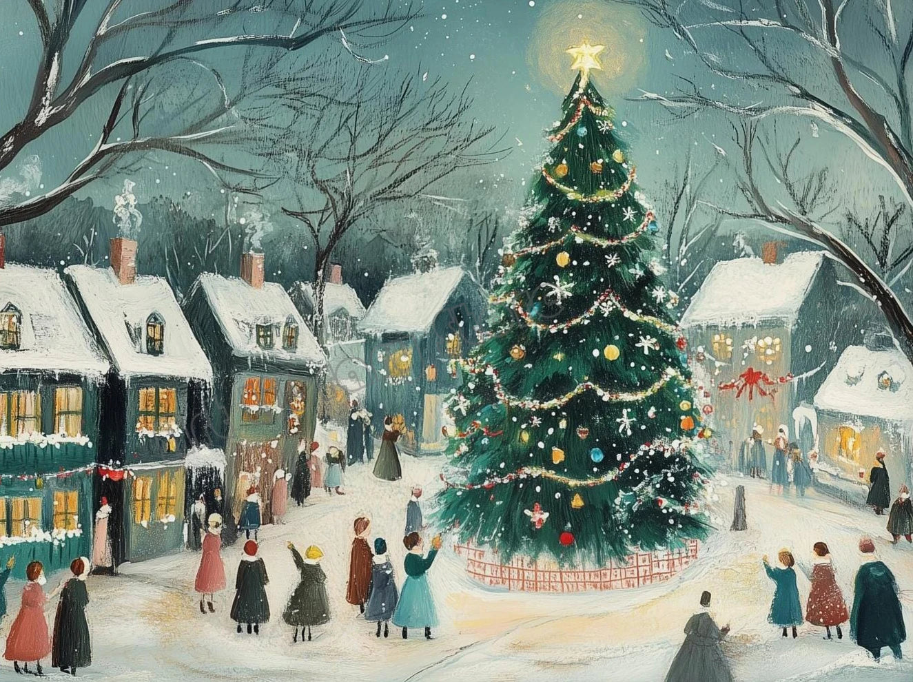 Snowy Christmas Village Canvas Wall Art | Unframed Holiday Print