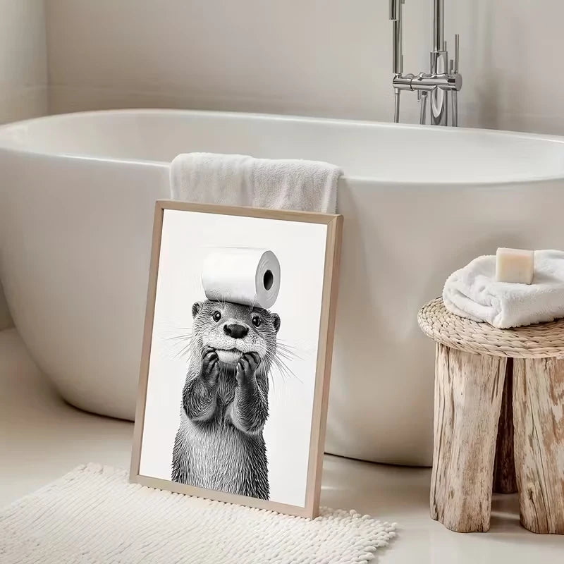 Black & White Cute Otter Canvas Wall Art Print | Home Decor