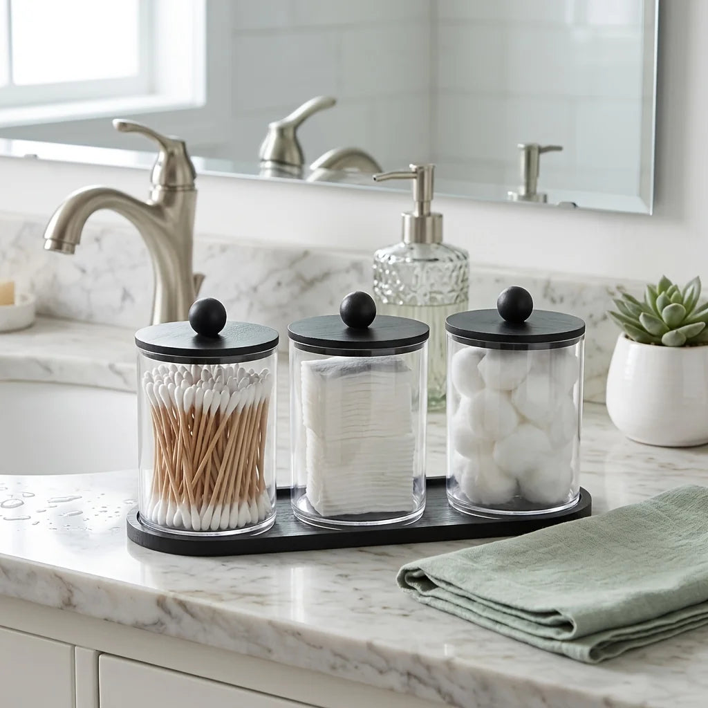 3-Pack Q-Tip Holder & Apothecary Jar Set with Tray – Cotton Swab & Dental Floss Organizer
