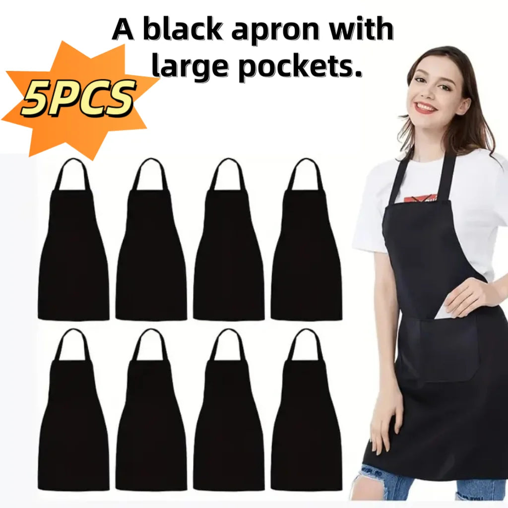 5Pcs Black Aprons - with Large Pockets, Durable Polyester Fabric, Waterproof and Stain Resistant, Unisex Bbq Aprons, Suitable for Home, Work, Restaurant Waiters, Cooking Aprons, Hairdressers - Easy to Clean Peaceful Pleasures Health and Wellness 5Pcs OneSize