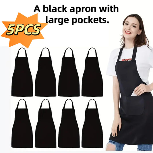 5Pcs Black Aprons - with Large Pockets, Durable Polyester Fabric, Waterproof and Stain Resistant, Unisex Bbq Aprons, Suitable for Home, Work, Restaurant Waiters, Cooking Aprons, Hairdressers - Easy to Clean Peaceful Pleasures Health and Wellness 5Pcs OneSize