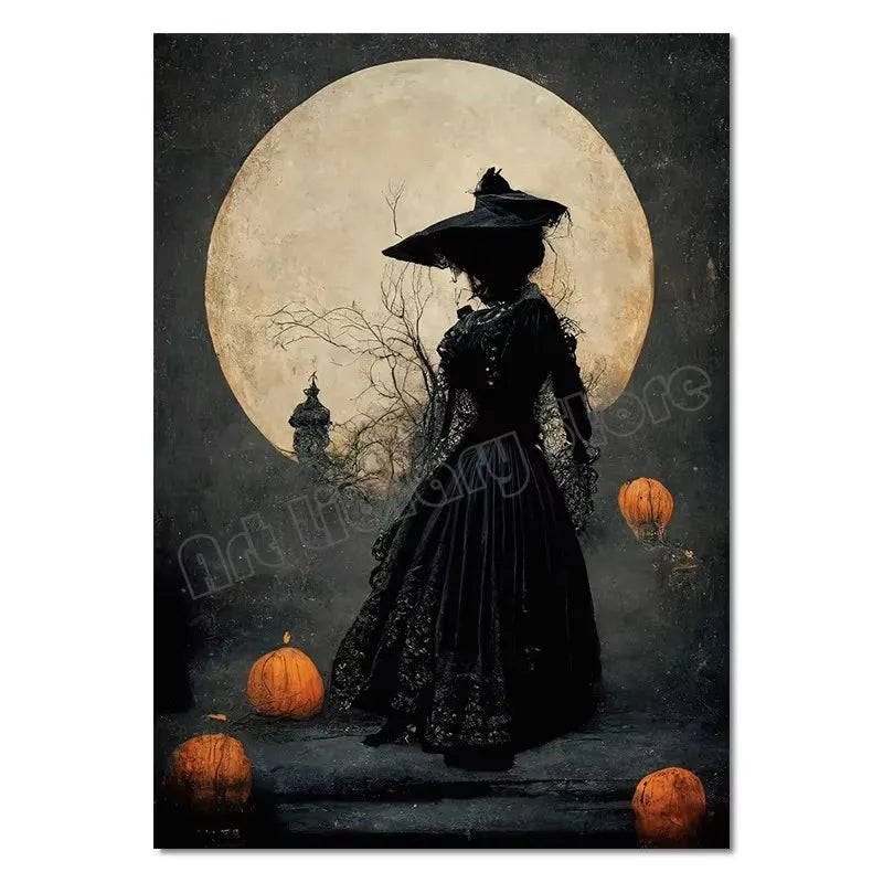 Classic Retro Aesthetics Wall Art Halloween Goth Ghost Witch and Crow Pumpkin HD Oil on Canvas Poster Home Bedroom Decor Gift Peaceful Pleasures Health and Wellness ZLH5189 20x30cm No Frame