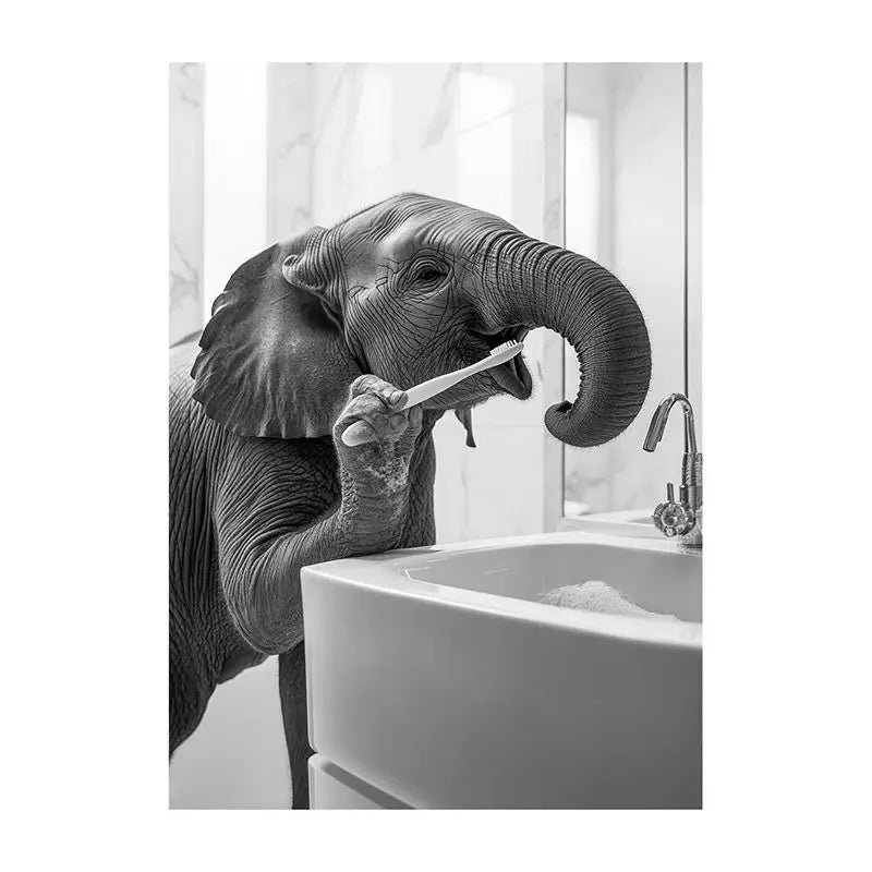Funny Bathroom Animal Canvas Wall Art | Vintage Brushing Teeth
