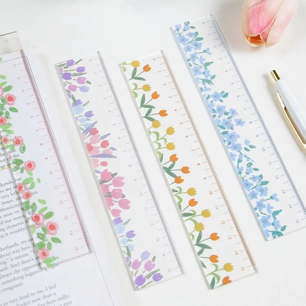 Creative Multifunction 15cm Straight Ruler Double-duty Acrylic Math Drawing Ruler Tulip Transparent Flower Bookmark Student Peaceful Pleasures Health and Wellness