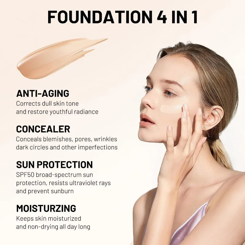 4 in 1 Foundation Liquid Hydrating Medium Full Coverage Concealer SPF 50+ Longwearing Waterproof Foundation Natural Face Makeup Peaceful Pleasures Health and Wellness