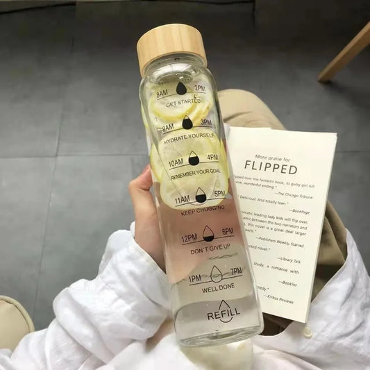 Borosilicate Glass Water Bottle | Bamboo Lid & Time Marker Glass Water Bottle Peaceful Pleasures Health and Wellness