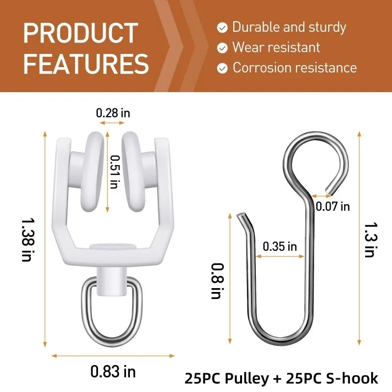 50Pcs S-Shape Curtain Track Hooks & Plastic Glider Rollers Set