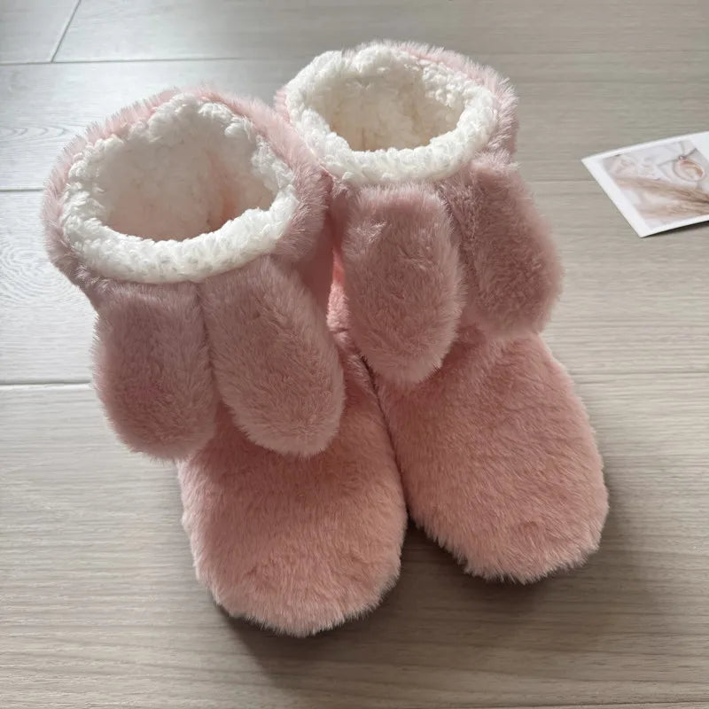 Women's Rabbit Ear Fuzzy Plush Slipper Boots | Warm Indoor Shoes