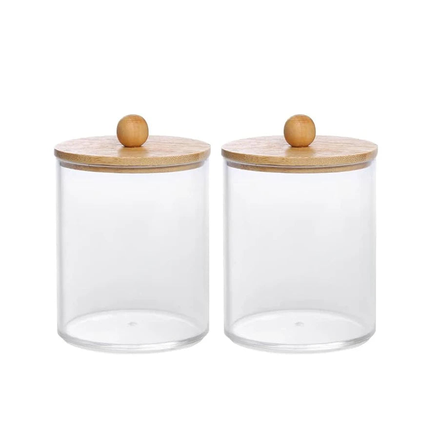 Qtip Holder Clear Apothecary Jar with Bamboo Lid – 10oz Bathroom Organizer Storage Container for Cotton Pads & Swabs