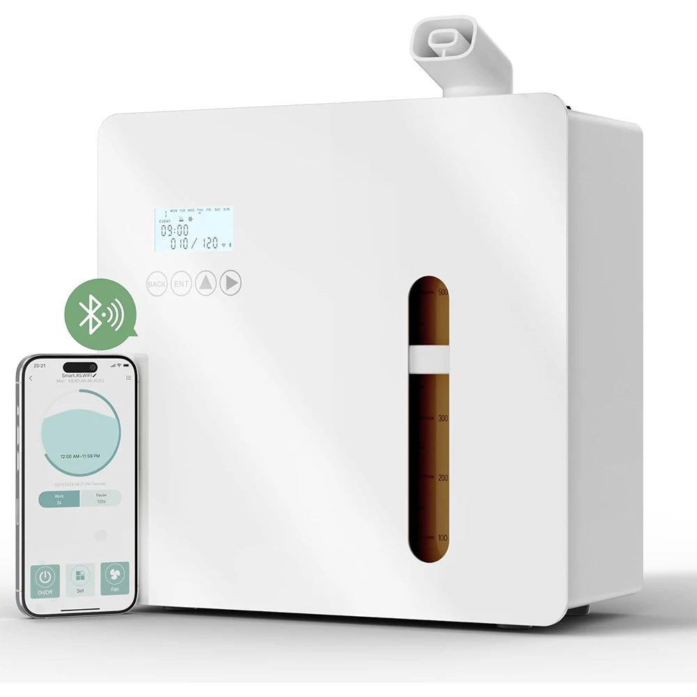 White electronic device with a digital display and a smartphone app interface, featuring a smartphone and a cigar inside.