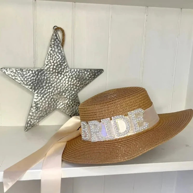 Bride Straw Hat Pearl Ribbon | Bridal Shower Bachelorette Gift