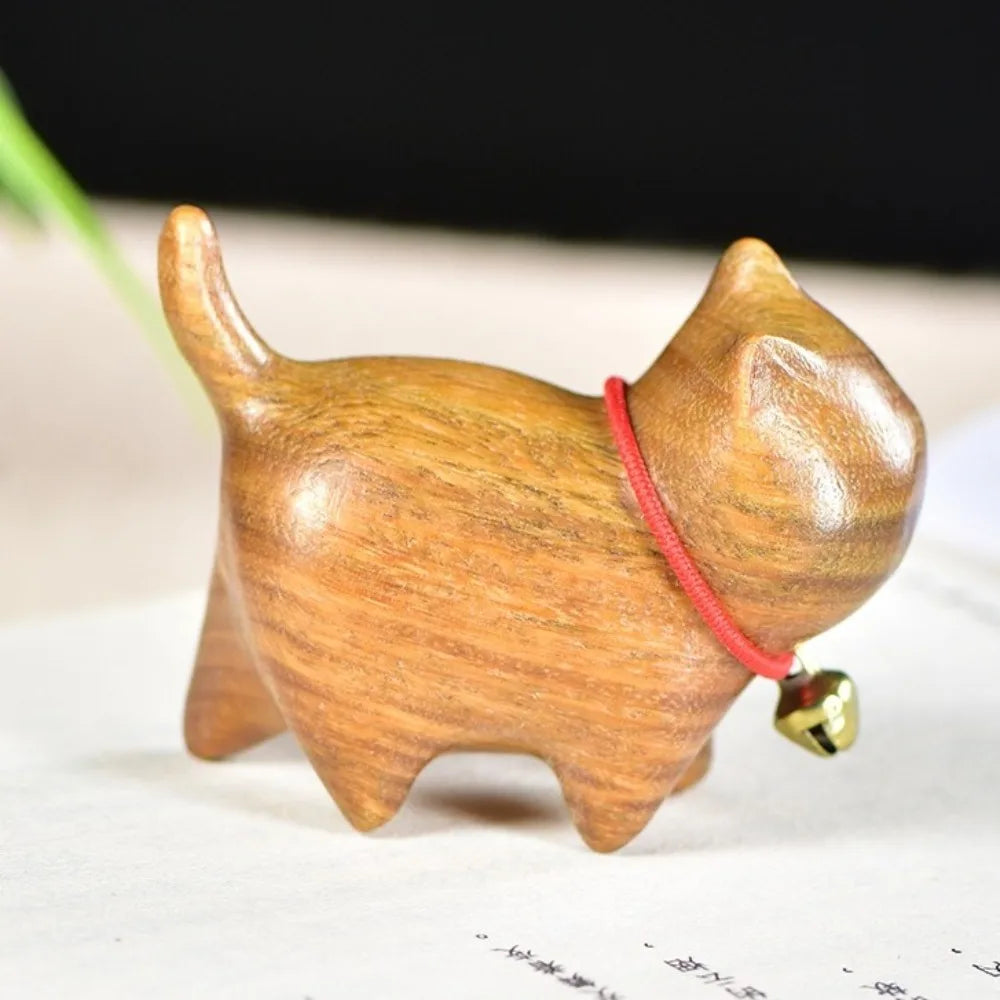 Handmade Wooden Cat Figurine with Bell | Natural Wood Decor
