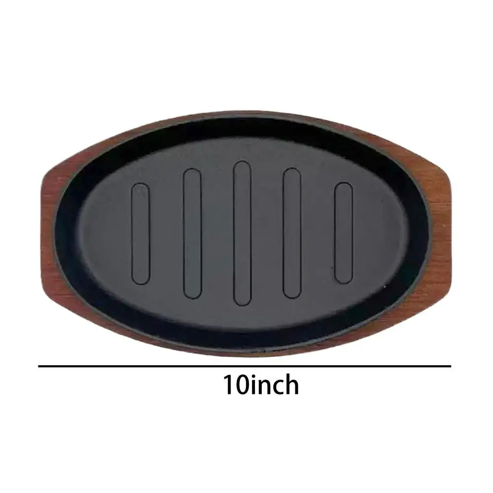 Cast Iron Oval Sizzle Plate with Wooden Base – 10" Steak Pan