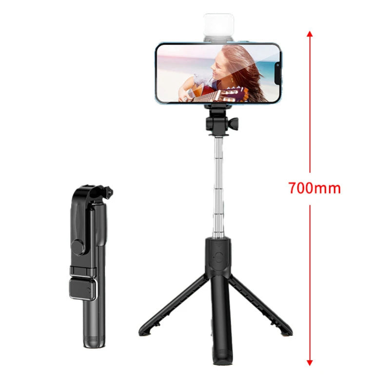 Portable Bluetooth Selfie Stick Tripod Holder with Remote Shutter Fill Light Extendable Wireless Remote Retractable Phone Stand Peaceful Pleasures Health and Wellness black