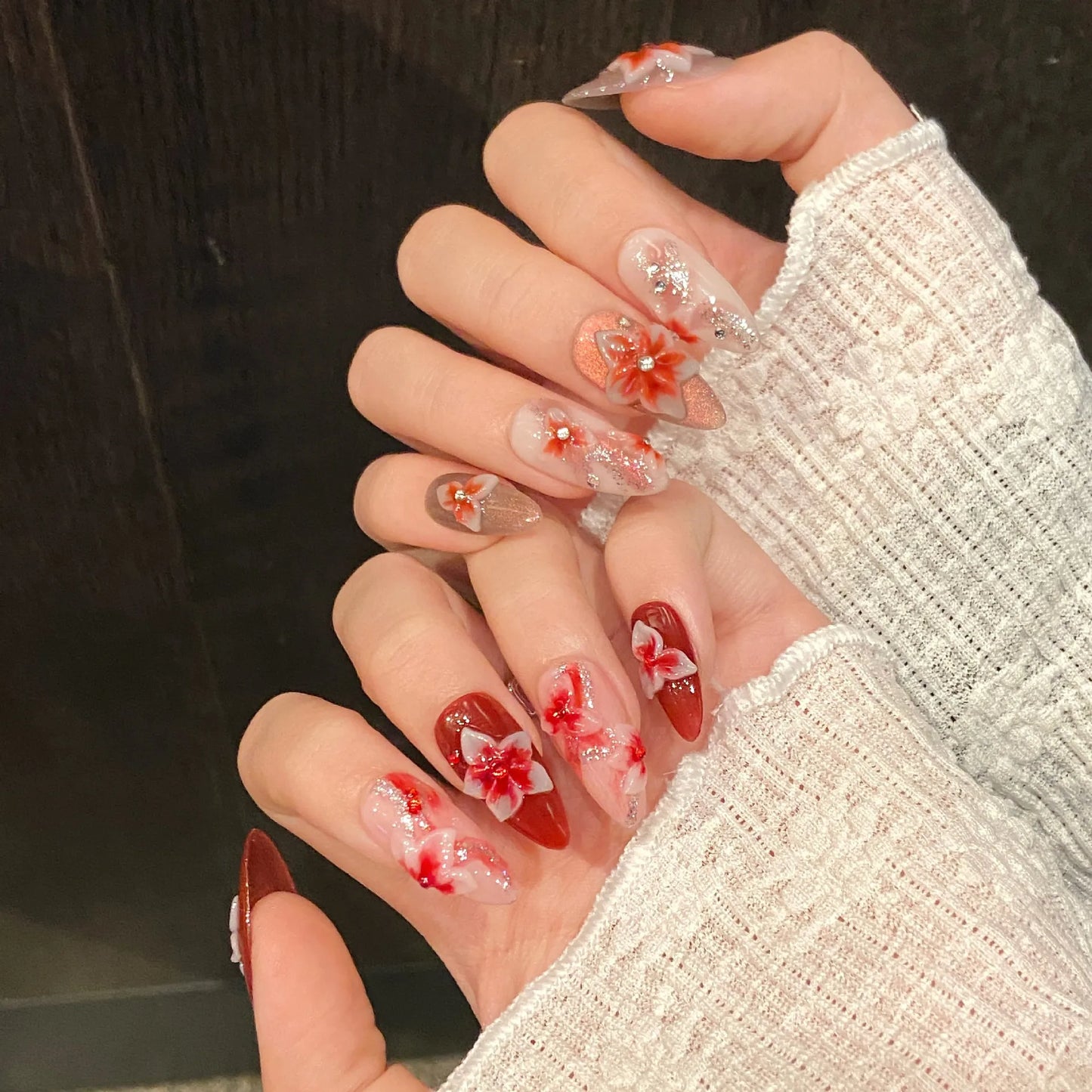 10pcs Handmade Almond Press on Nails Hand-carved Devil's Flower Design Fake Nail Tips Wearable Detachable Ins Sweet False Nails Peaceful Pleasures Health and Wellness