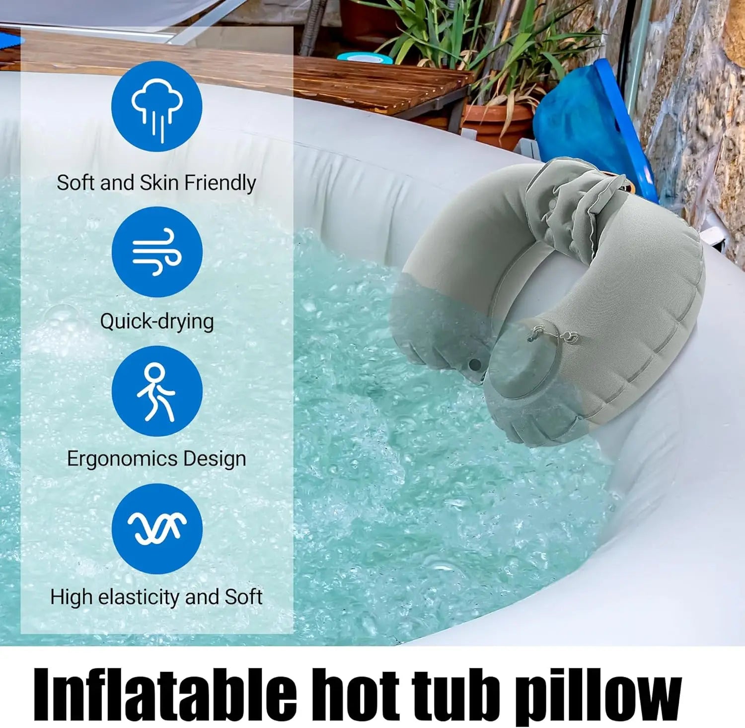 Inflatable hot tub pillow with features listed on a blurred background
