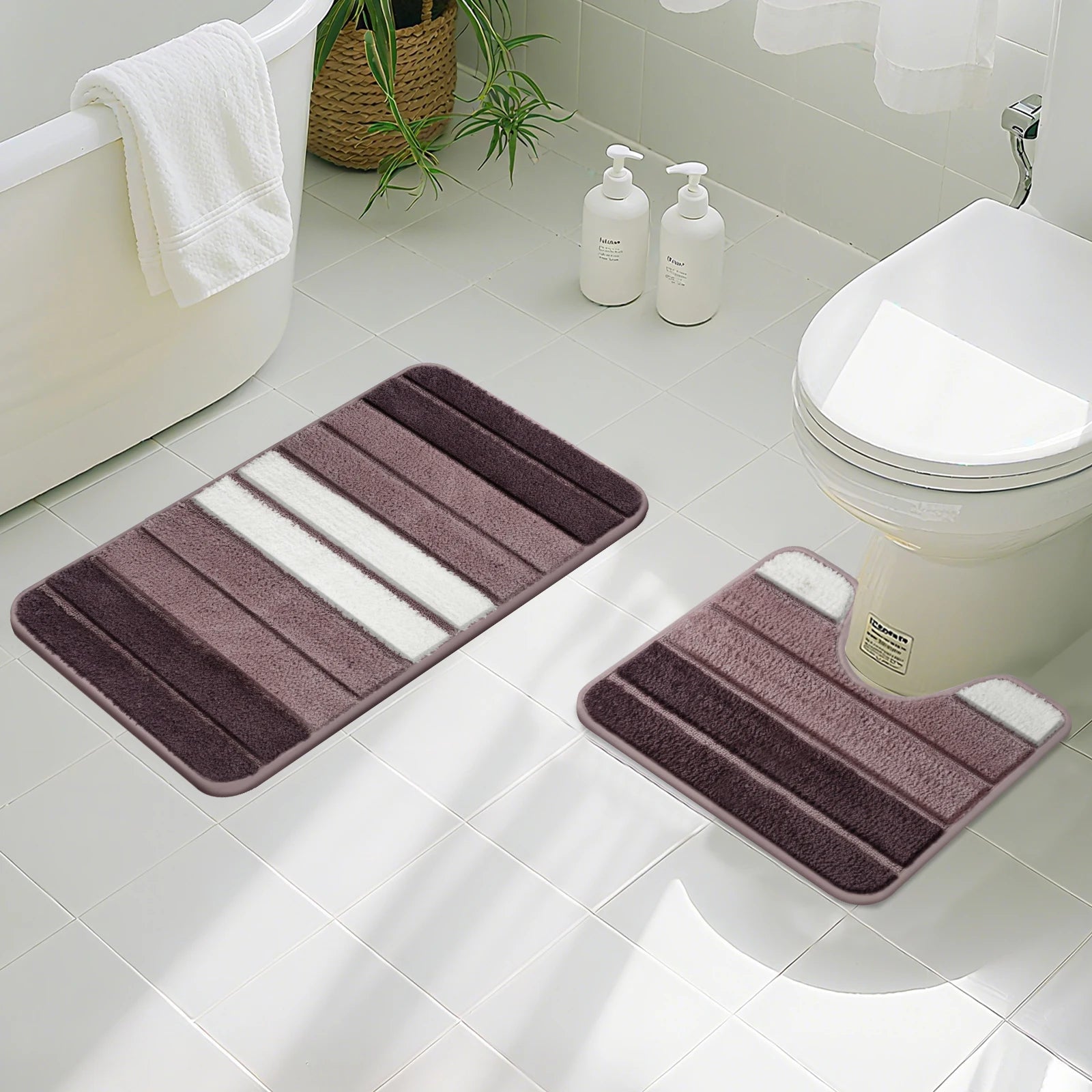 Striped Microfiber Bath Mat 50×80CM & 40×50CM Absorbent Carpet Set Non-Slip Washable Toilet Rugs for Shower Floor Bathroom Mats Peaceful Pleasures Health and Wellness Taro