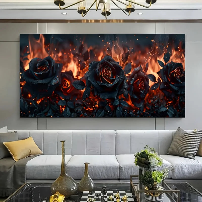 Large Frameless Black Burning Roses Canvas Art - Modern Wall Decor for Living Room & Bedroom, Flames & Roses Design, Home Decor Peaceful Pleasures Health and Wellness ZLH4284 90x270cm No Frame