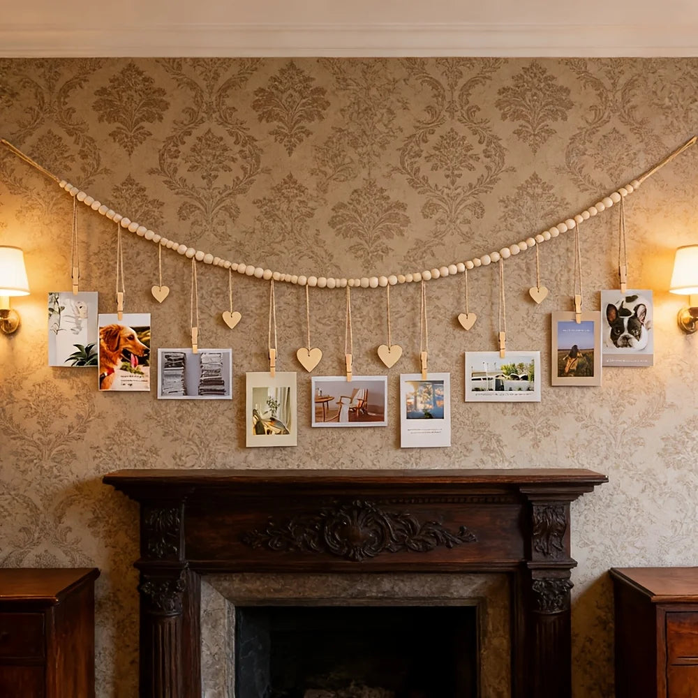 Rustic Boho Hanging Photo Display | Wood Beads, Clips & Tags