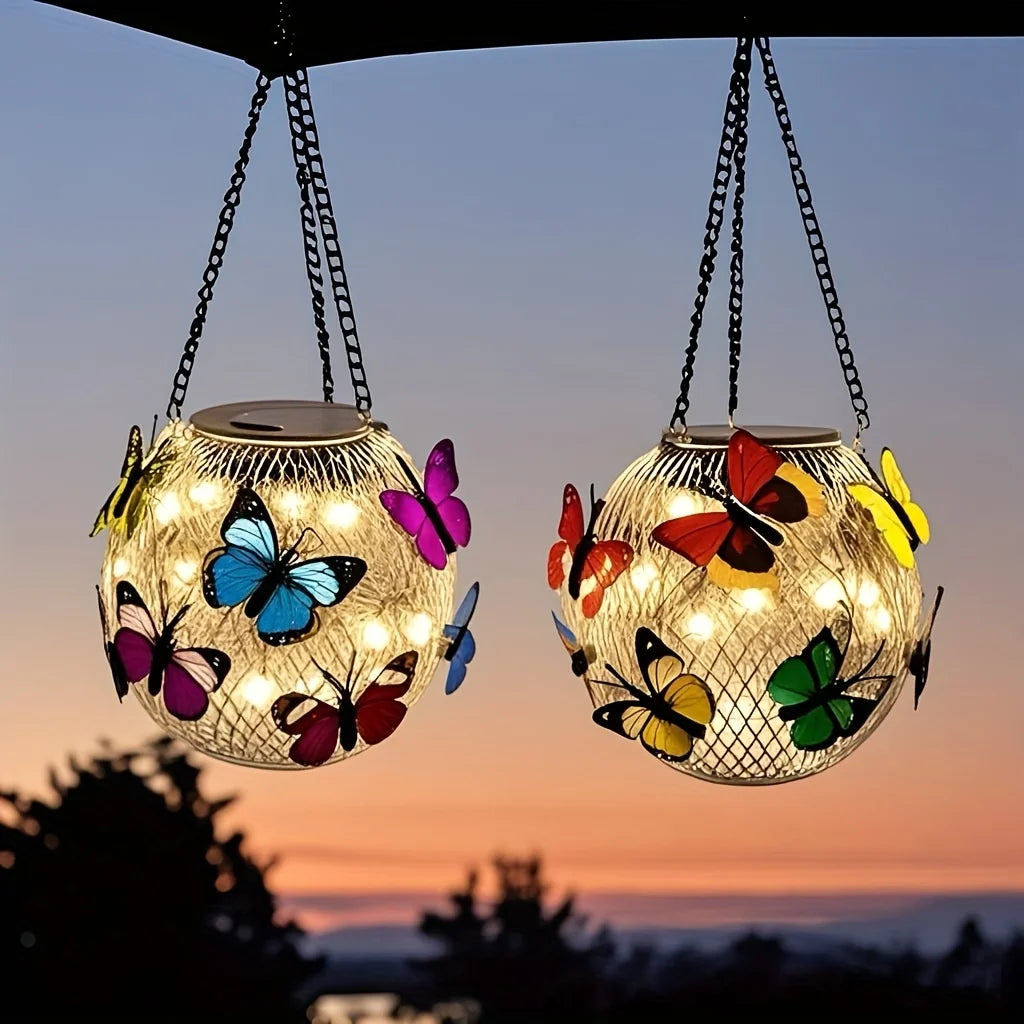 Solar Powered Hanging Lantern Metal Mesh LED Light Waterproof Outdoor Garden Yard Patio Decor Warm White/Butterfly Night Lamp Peaceful Pleasures Health and Wellness