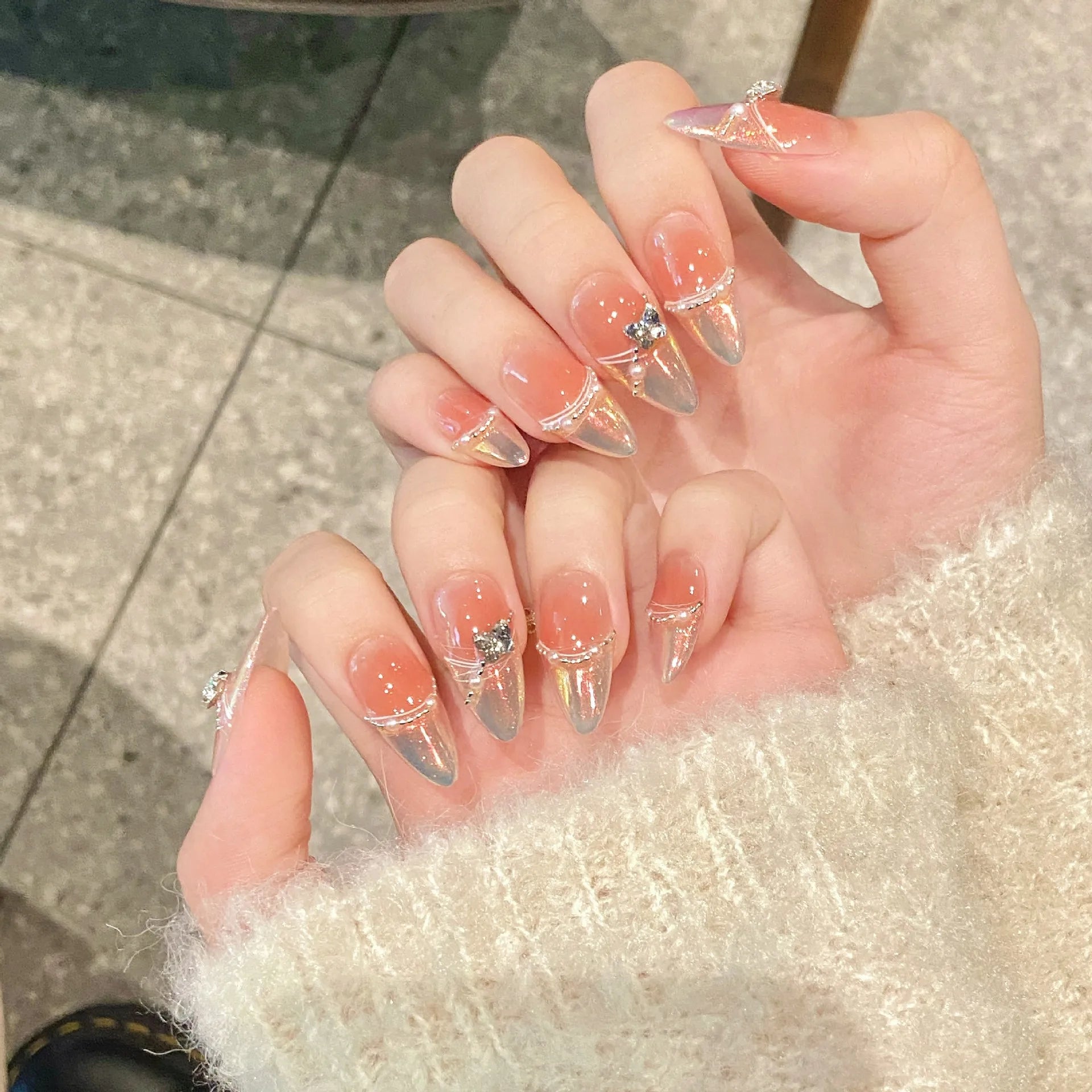 Handmade Press on Nails Aurora Blue French Pearl Crystal Fake Nails Wearable Full Cover Almond Sweet Pink Blush False Nails Peaceful Pleasures Health and Wellness
