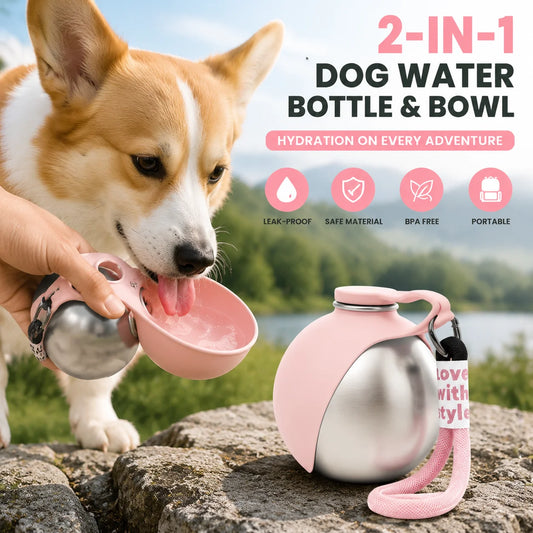 Portable Stainless Steel Pet Water Bottle with Foldable Silicone Bowl for Dogs and Cats Outdoor Walking Hiking Travel Use Peaceful Pleasures Health and Wellness