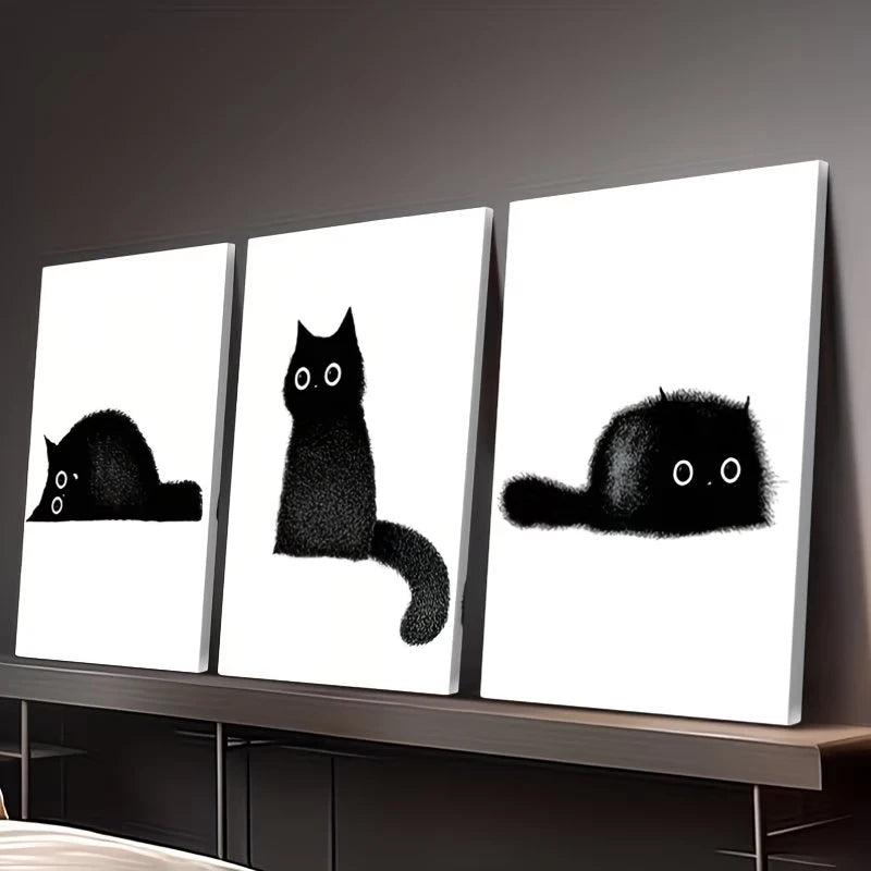 3-Piece Black Cat Canvas Wall Art Print | Modern Home Decor