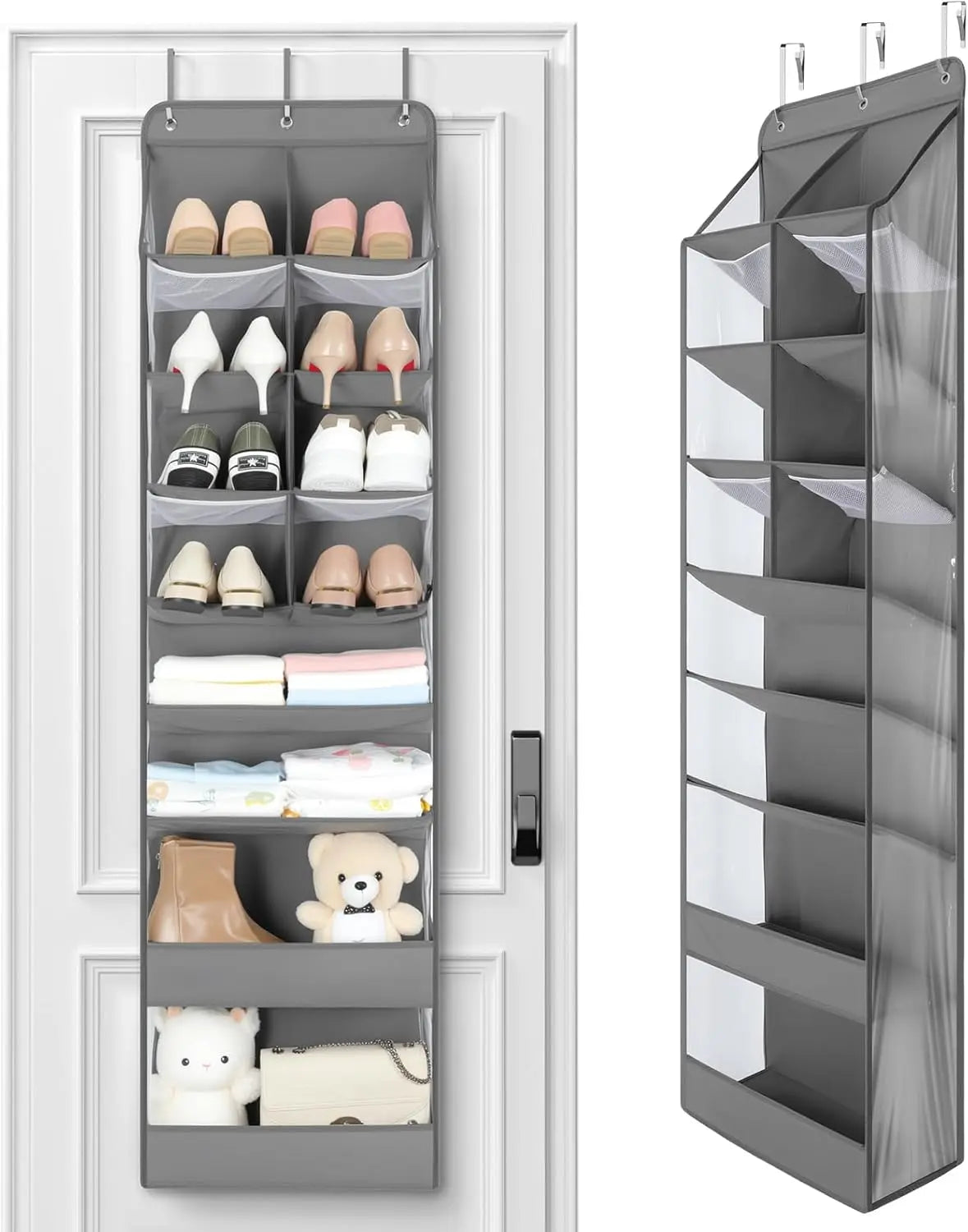 Gray over-the-door shoe organizer with shelves on a white door.
