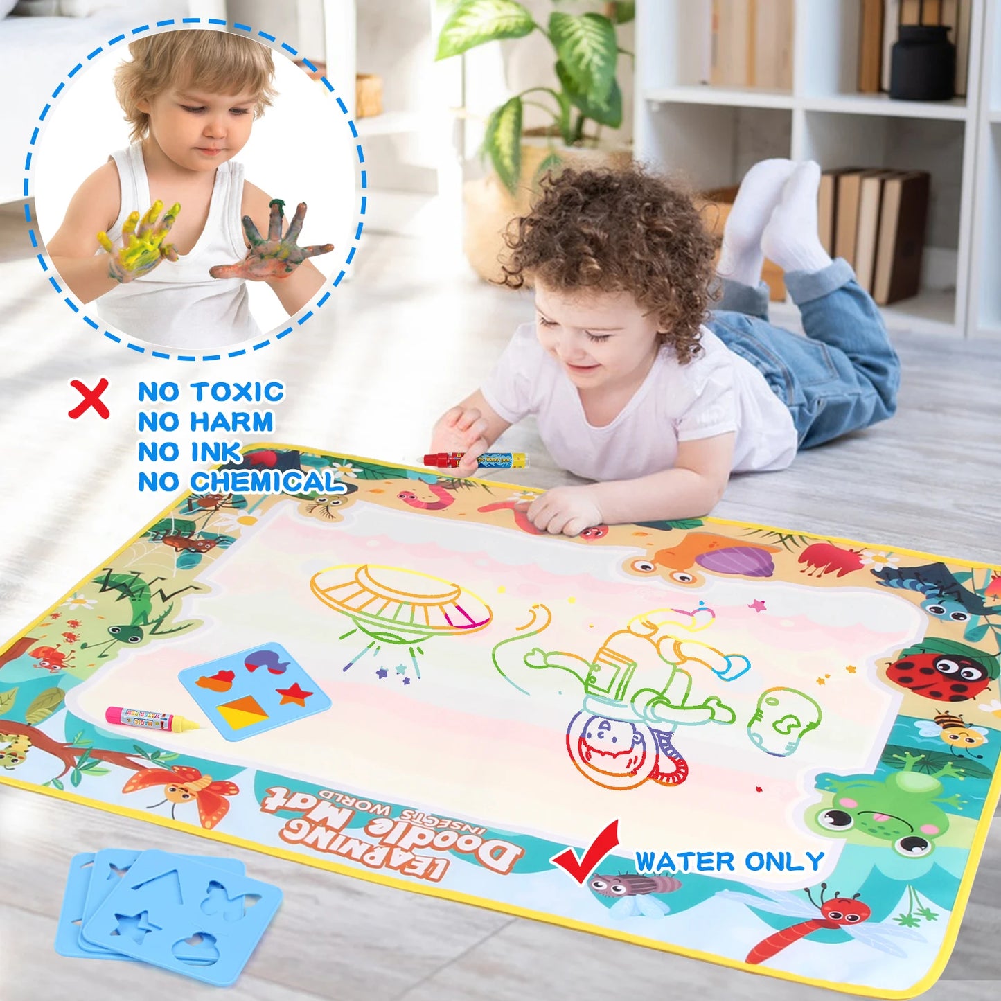 80x60CM Kids Coloring Doodle Magic Water Drawing Mat Reusable Pens