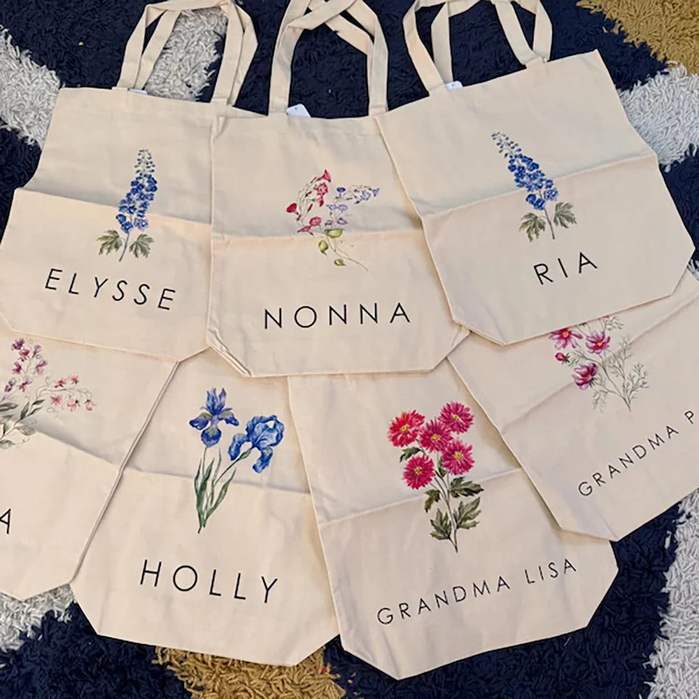 Custom Birth Month Flower Canvas Tote Bag | Personalized Gift