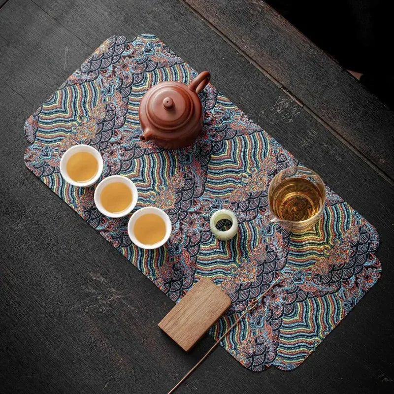 1pc Double Sided Brocade Tea Mat Chinese Zen Style Non Slip Dry Retro Dining Table Decoration Traditional Coaster Peaceful Pleasures Health and Wellness