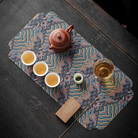 1pc Double Sided Brocade Tea Mat Chinese Zen Style Non Slip Dry Retro Dining Table Decoration Traditional Coaster Peaceful Pleasures Health and Wellness
