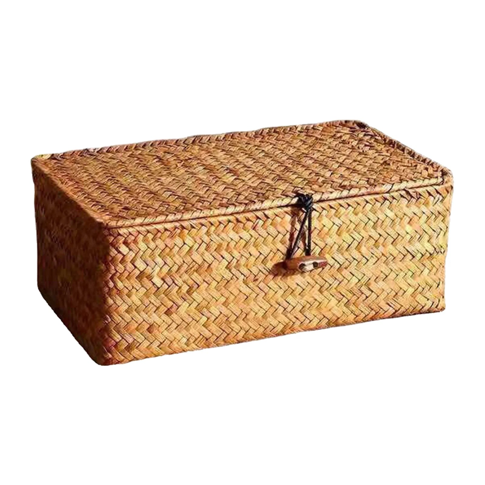 Traditional Braided Straw Box with Lid Rectangular Natural Rattan Organizer for Trinkets Cosmetics or Crafts Peaceful Pleasures Health and Wellness Default