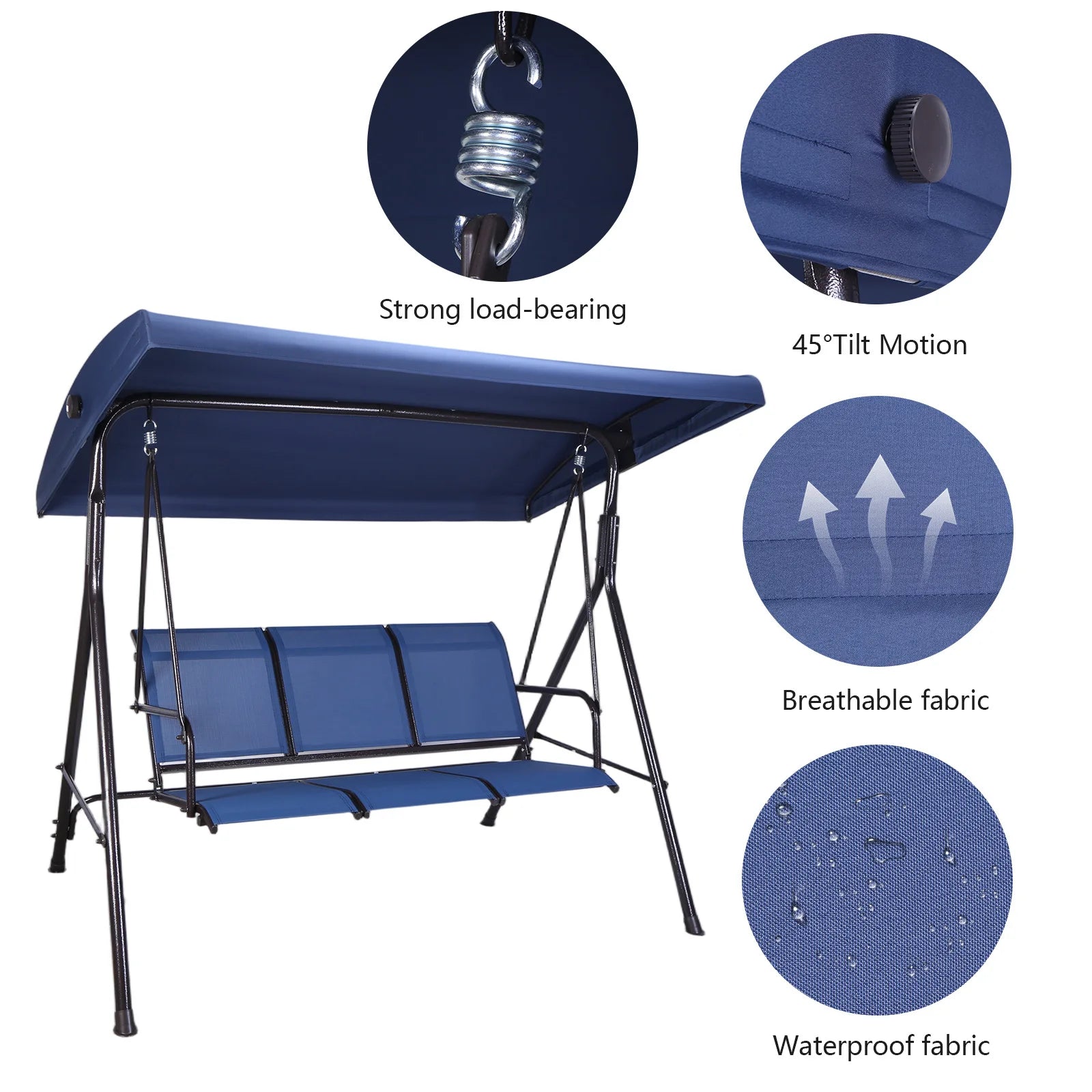 3-Seat Patio Porch Swing with Adjustable Canopy Peaceful Pleasures Health and Wellness