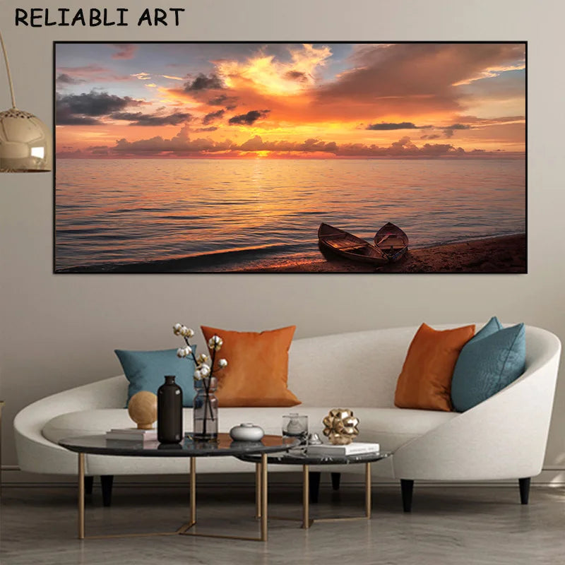 Modern Large Size Landscape Poster Wall Art Canvas Painting Sunset Beach Picture For Living Room Bedroom Home Decor No Frame Peaceful Pleasures Health and Wellness